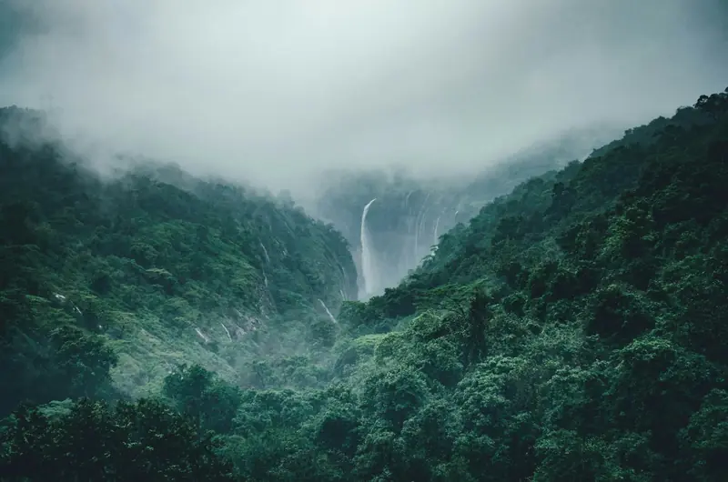 Cachoeira num vale de mata fechada, sob névoa